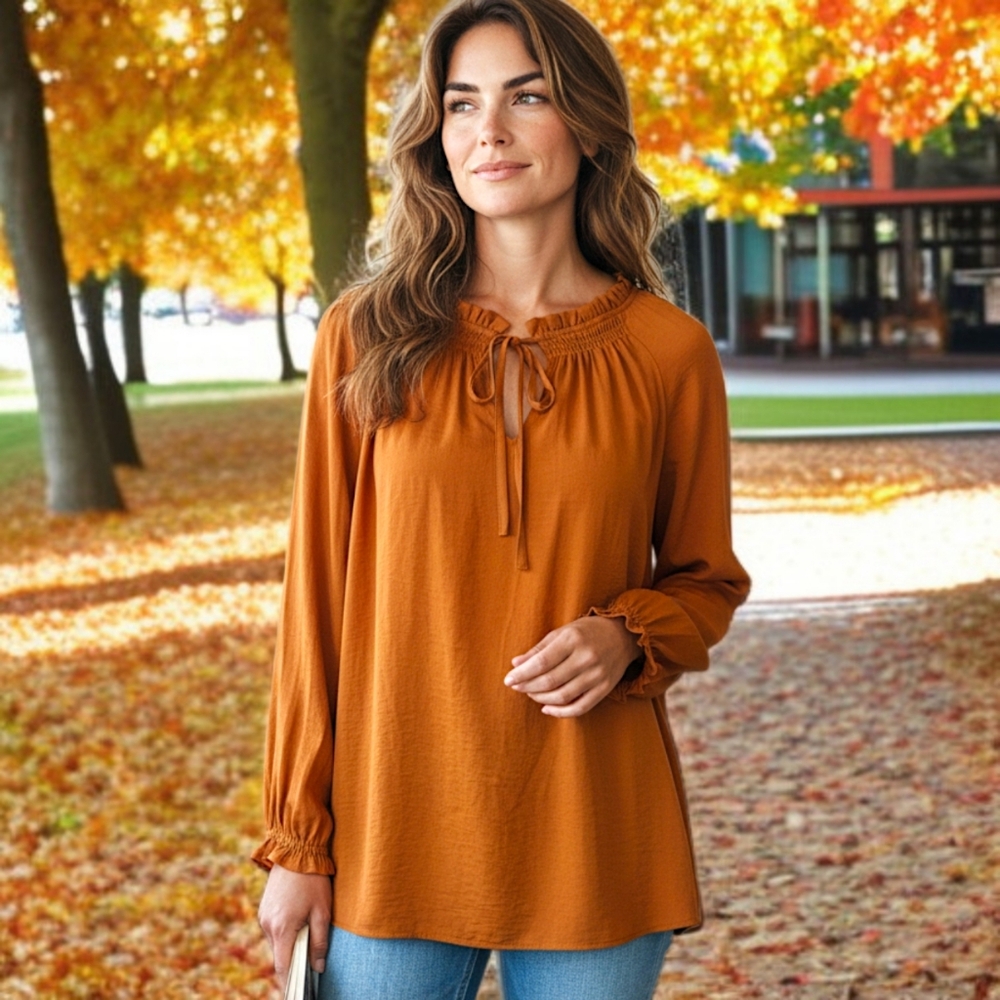Old Navy Tunic Top XXL Blouse Long Sleeve Flowy Bohemian Mustard‎ Gold Tied Neck
